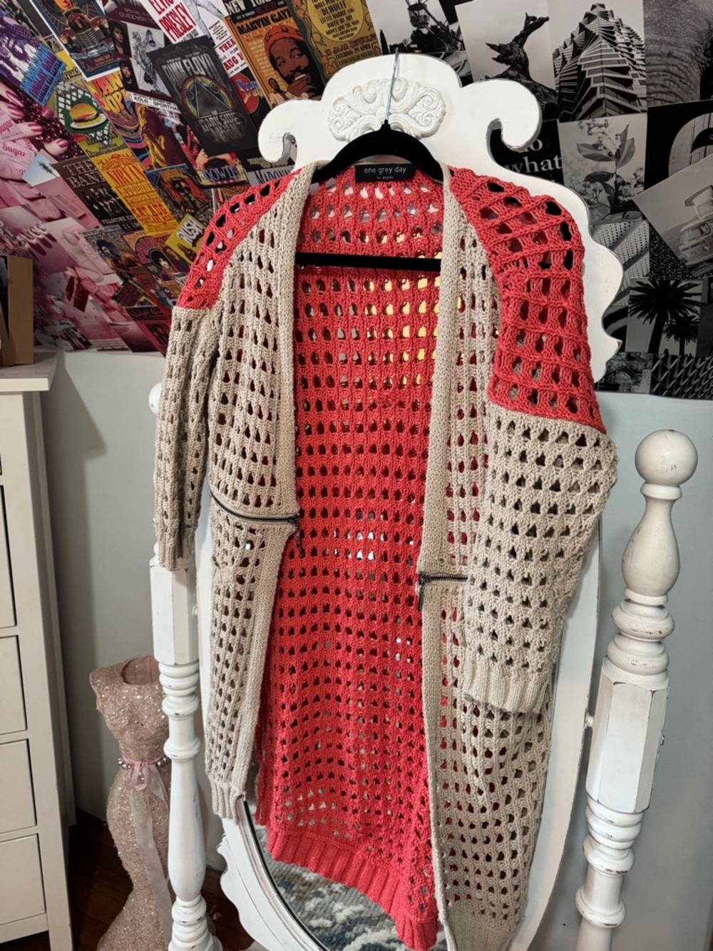 One Grey Day Open Crochet Cardigan - Coral and Beige